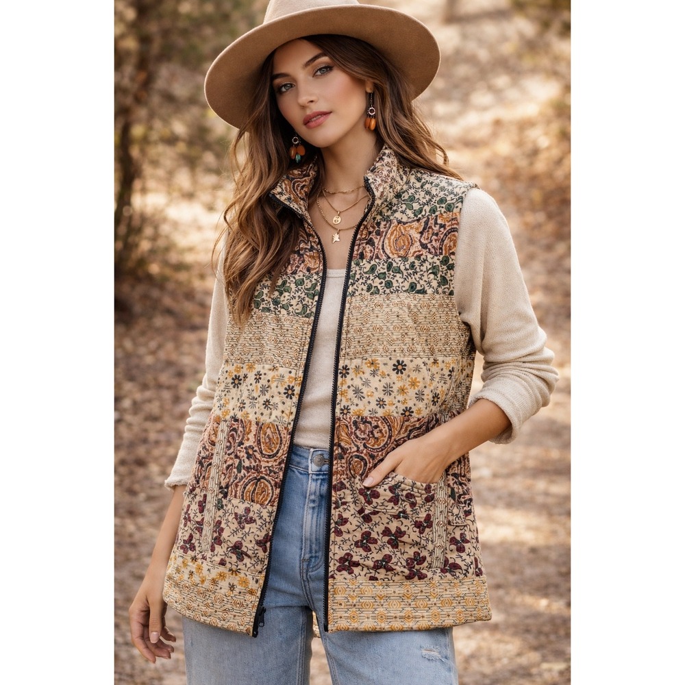 Boho Patchwork Quilted Vest‎ – Young Threads Cotton Zip Front Cottagecore Size M